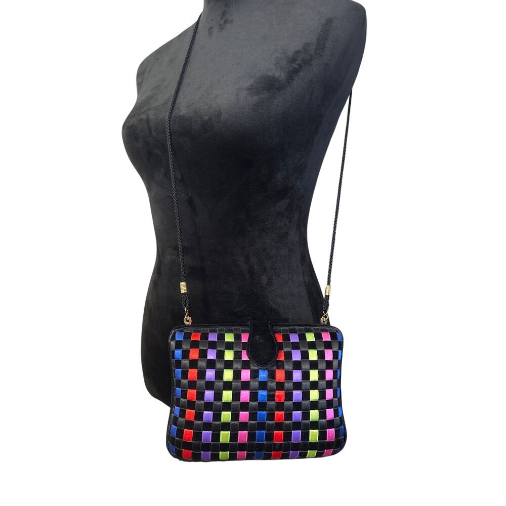 Woven Multicolor Checkered Satin Evening Clutch Purse With Snap Closure & Detach